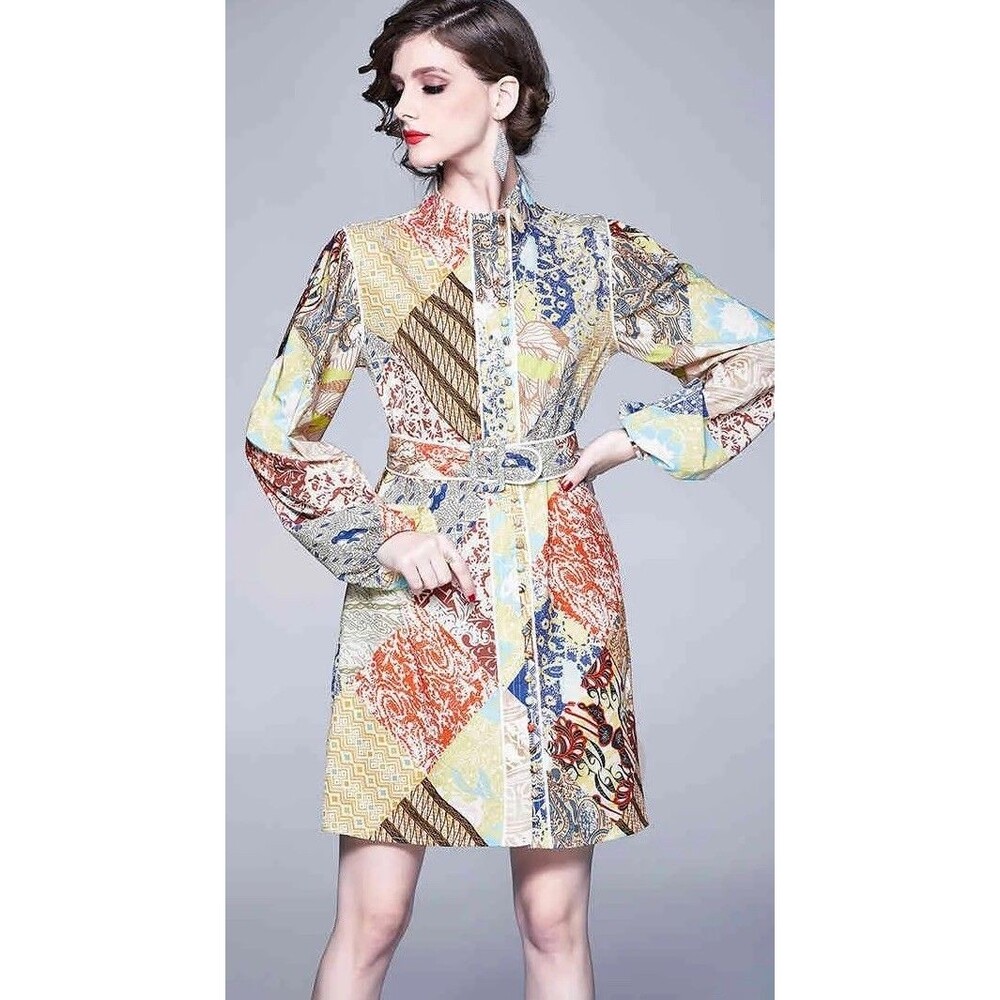 Dalia MacPhee Patchwork Mini Dress Long Sleeve Button Belted Bohemian Chic M - Picture 2 of 6